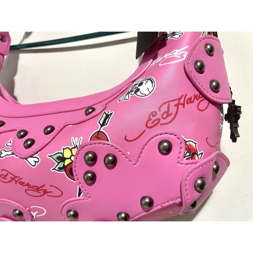 Ed Hardy Pink Hobo Shoulder Bag Studded Heart Rose Skull Cross Charms NEW - Picture 4 of 8